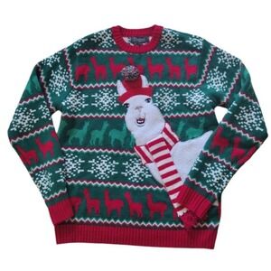 33 Degrees Christmas Sweater Womans M Red Green Llama with Striped Scarf Crochet